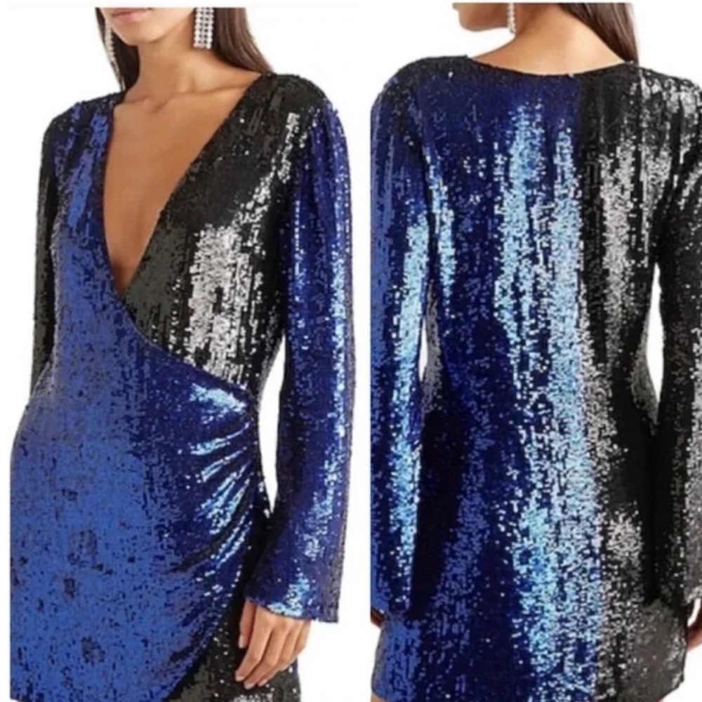 RETROFETE Christine Colorblock Blue/Black Faux Wrap Sequins Mini Dress S